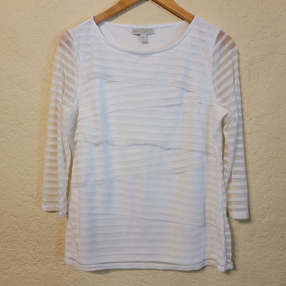Dana Buchman Women's White Mesh Layered 3/4 Sleeve Top Sz M